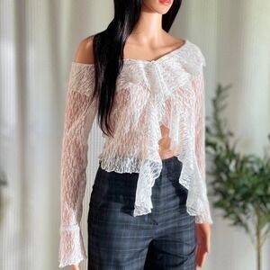 NWT Nasty Gal White Lace Ruffle Detail Long Sleeve Sheer Top Boho Festival Sz M